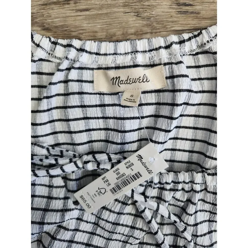 MADEWELL Omaha Top Women's Black White S Gingham Check Peplum Puff Sleeve NWT$65
